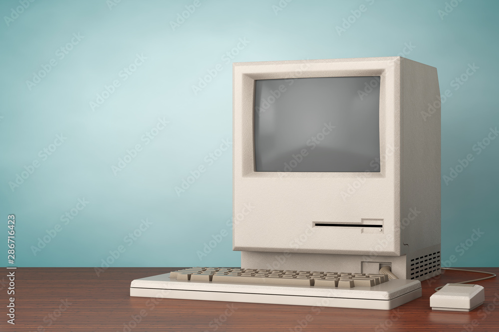 Poster retro personal computer. the system unit, monitor, keyboard and mouse. 3d rendering