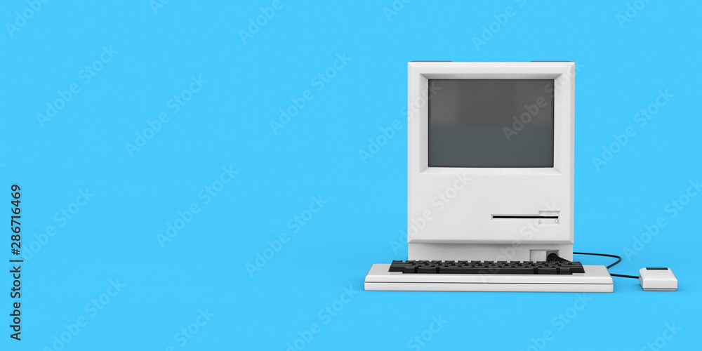 Poster retro personal computer. the system unit, monitor, keyboard and mouse. 3d rendering