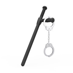 Crime and Law Concept. Metal Handcuffs with Black Rubber Police Baton or Nightstick. 3d Rendering