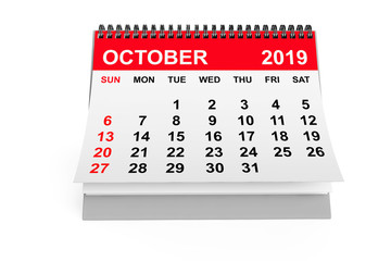 2019 Year October Calendar. 3d rendering