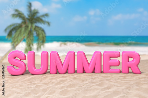 Summer Vacation Concept. Pink Bubble Summer Sign Word on an Ocean Deserted Coast. 3d Rendering