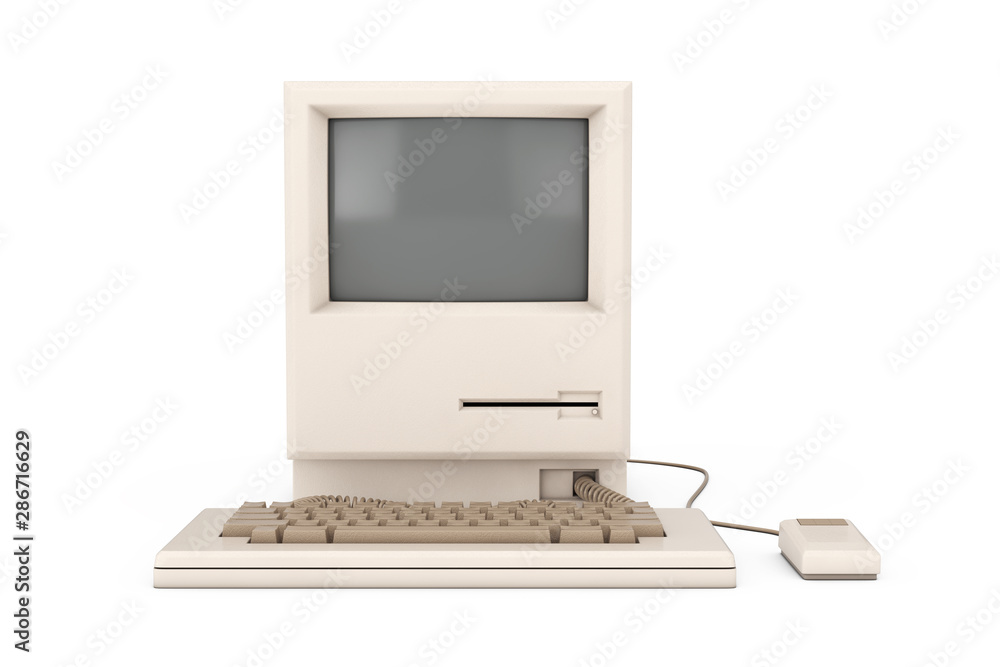 Poster retro personal computer. the system unit, monitor, keyboard and mouse. 3d rendering