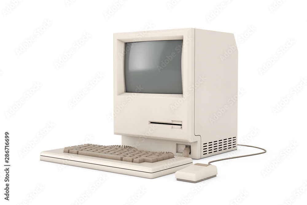 Poster retro personal computer. the system unit, monitor, keyboard and mouse. 3d rendering
