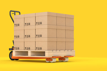 Hand Pallet Truck with Cardboard Boxes over Wooden Pallet. 3d Rendering © doomu