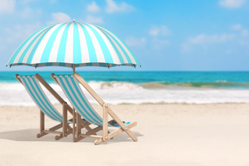 Vacation Concept. Pair of Beach Chair with Umbrella in an Ocean Deserted Coast. 3d Rendering