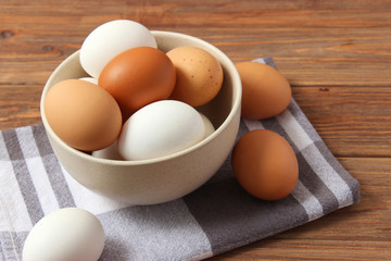 chicken eggs on the table. Farm products, natural eggs.