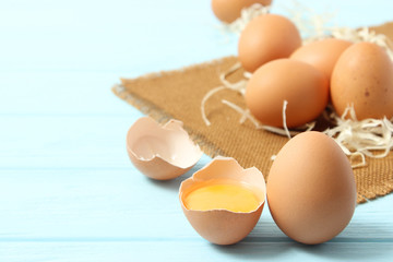 chicken eggs on a colored background. Farm products, natural eggs.