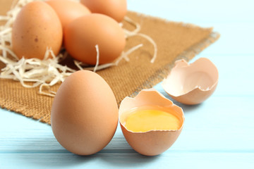 chicken eggs on the table. Farm products, natural eggs.