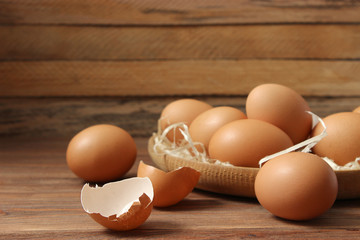 chicken eggs on the table. Farm products, natural eggs.