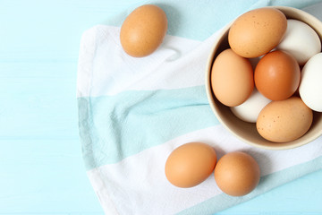 chicken eggs on a colored background. Farm products, natural eggs.