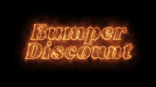 Bumper Discount Word Hot Animated Burning Realistic Fire Flame and Smoke Seamlessly loop Animation on Isolated Black Background. Fire Word, Fire Text, Flame Text, Burning Word, Burning Text.