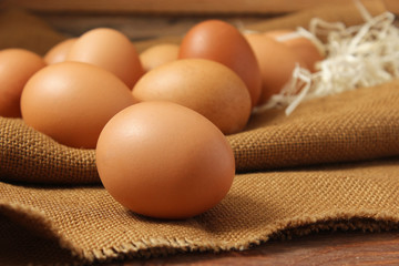 chicken eggs on the table. Farm products, natural eggs.