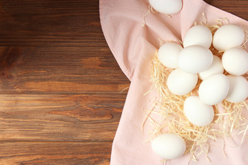 chicken eggs on the table. Farm products, natural eggs.