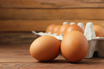 chicken eggs on the table. Farm products, natural eggs.