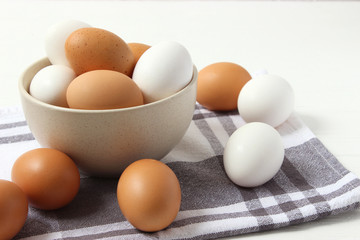 chicken eggs on the table. Farm products, natural eggs.