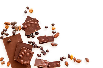 Cook homemade chocolate with bars, nuts, coffee beans on white background top view mock up