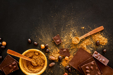 Different variety of chocolate and hazelnut on black background top view space for text