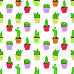 Seamless pattern with cacti in pots. Isolated on white.