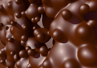 Abstract background with melted chocolate or cocoa drops boiling. 3D illustration