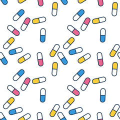 Pills of yellow, red, and blue colors on white background, seamless vector pattern illustration.