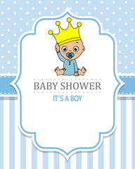 baby shower card. baby boy sitting with a crown