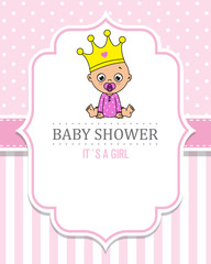 baby shower card. baby girl sitting with a crown