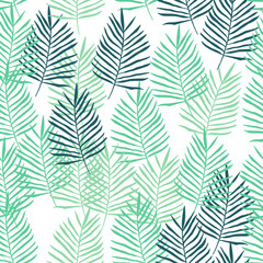 Fototapeta na wymiar Simple seamless pattern of green tropical palm leaves, hand drawn vector illustration on white background.