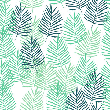 Simple seamless pattern of green tropical palm leaves, hand drawn vector illustration on white background.
