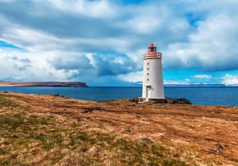 Foto auf Acrylglas Nach Farbe White lighthouse on the sea shore. Skardsviti Lighthouse