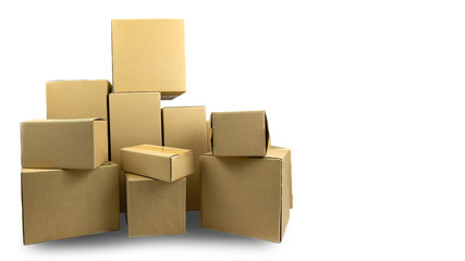 Obraz premium Cardboard parcel boxes stacked on each other at white background