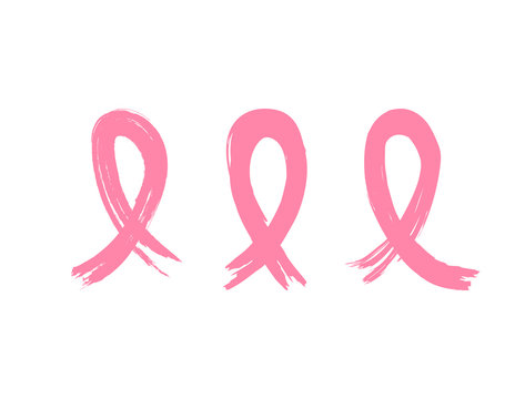 Set of pink breast cancer awareness ribbons painted with watercolor brush. Grunge, sketch, graffiti. Simple vector illustration.