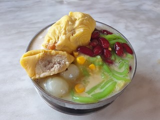 The delicious Musang king durian cendol recipe, the popular iced sweet coconut milk dessert of...