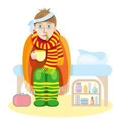 ill young man with fever drinking cup of warm tea. Vector illustration