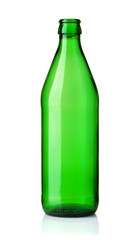Front view of empty glass green bottle  isolated on white