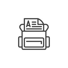 School bag with test result line icon. linear style sign for mobile concept and web design. Grade result A outline vector icon. Symbol, logo illustration. Vector graphics