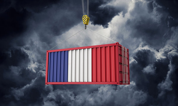 France trade cargo container hanging against dark clouds. 3D Render