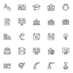 Education line icons set. Knowledge linear style symbols collection, outline signs pack. vector graphics. Set includes icons as Alphabet book letter, Graduation hat, Grade result A, School building