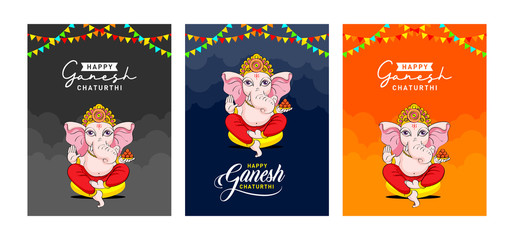 Happy Ganesh Chaturthi. Indian Festival of cute lord Ganapati Invite, Invitation, Banner, Logo, Sticker, Concept, Greeting, Card, Template, Icon, Poster, Unit, Label, Web, Mnemonic background.