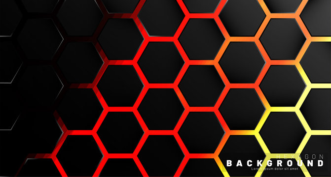 Abstract black hexagon pattern on neon gradient orange background technology style. Honeycomb. Vector illustration