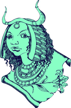 Beautiful ancient egyptian girl. Suitable for posters, cards, tattoo. Vector illustration. Engraving style