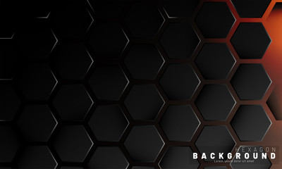Abstract black hexagon pattern on neon gradient orange background technology style. Honeycomb. Vector illustration