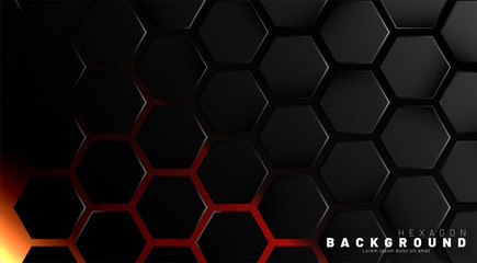 Abstract black hexagon pattern on neon gradient orange background technology style. Honeycomb. Vector illustration