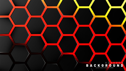 Abstract black hexagon pattern on neon gradient orange background technology style. Honeycomb. Vector illustration