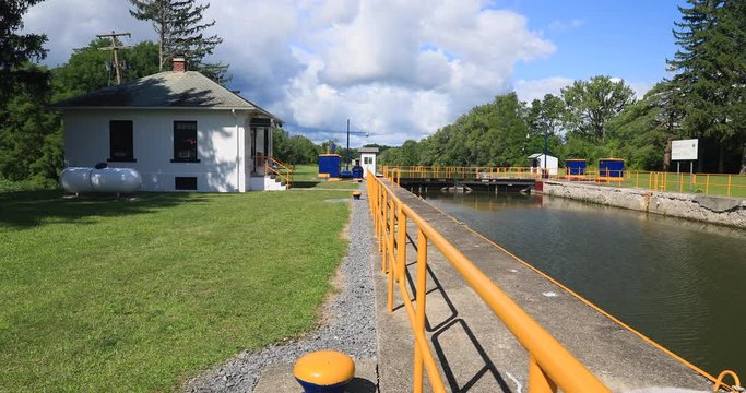 Erie Canal New York Palmyra 29 Lock gates control. Pioneer engineering wonder. 363 miles long man made waterway built in 1817. Transport of cargo from eastern ports and cities.