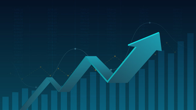 Abstract financial graph with uptrend line graph and arrows in stock market on blue color background