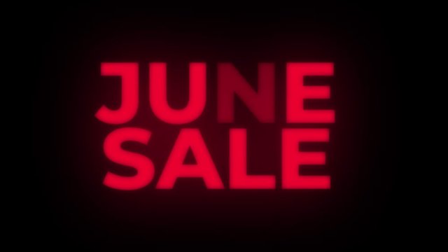 June Sale Text Blinking Flickering Neon Red Sign Loop Background. Sale, Discounts, Deals, Special Offers. Green Screen and Alpha Matte