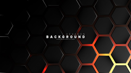Abstract black hexagon pattern on neon gradient orange background technology style. Honeycomb. Vector illustration
