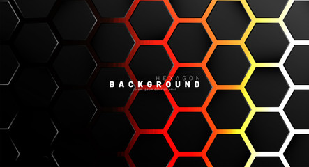 Abstract black hexagon pattern on neon gradient orange background technology style. Honeycomb. Vector illustration
