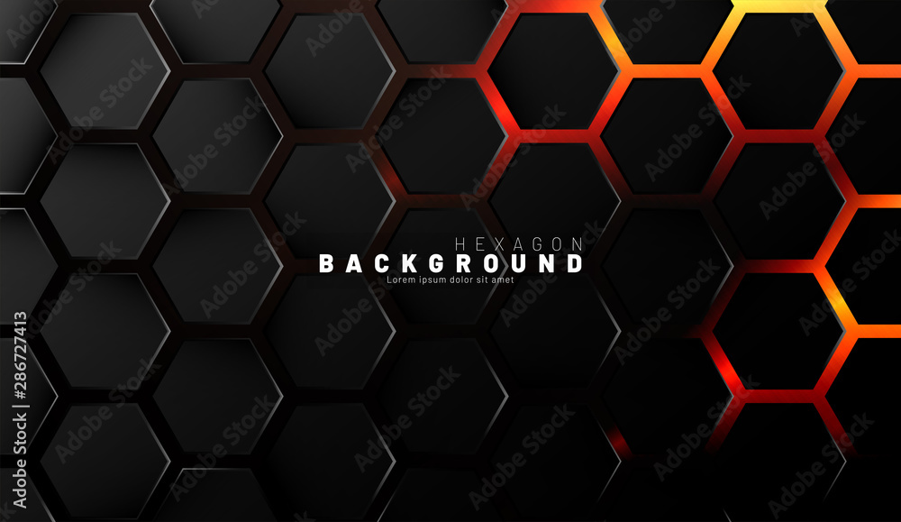 Wall mural abstract black hexagon pattern on neon gradient orange background technology style. honeycomb. vecto