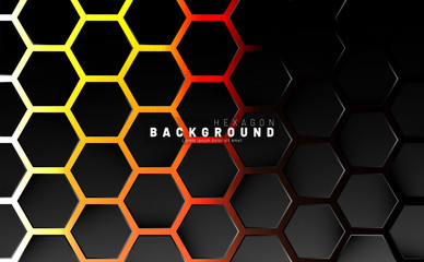 Abstract black hexagon pattern on neon gradient orange background technology style. Honeycomb. Vector illustration